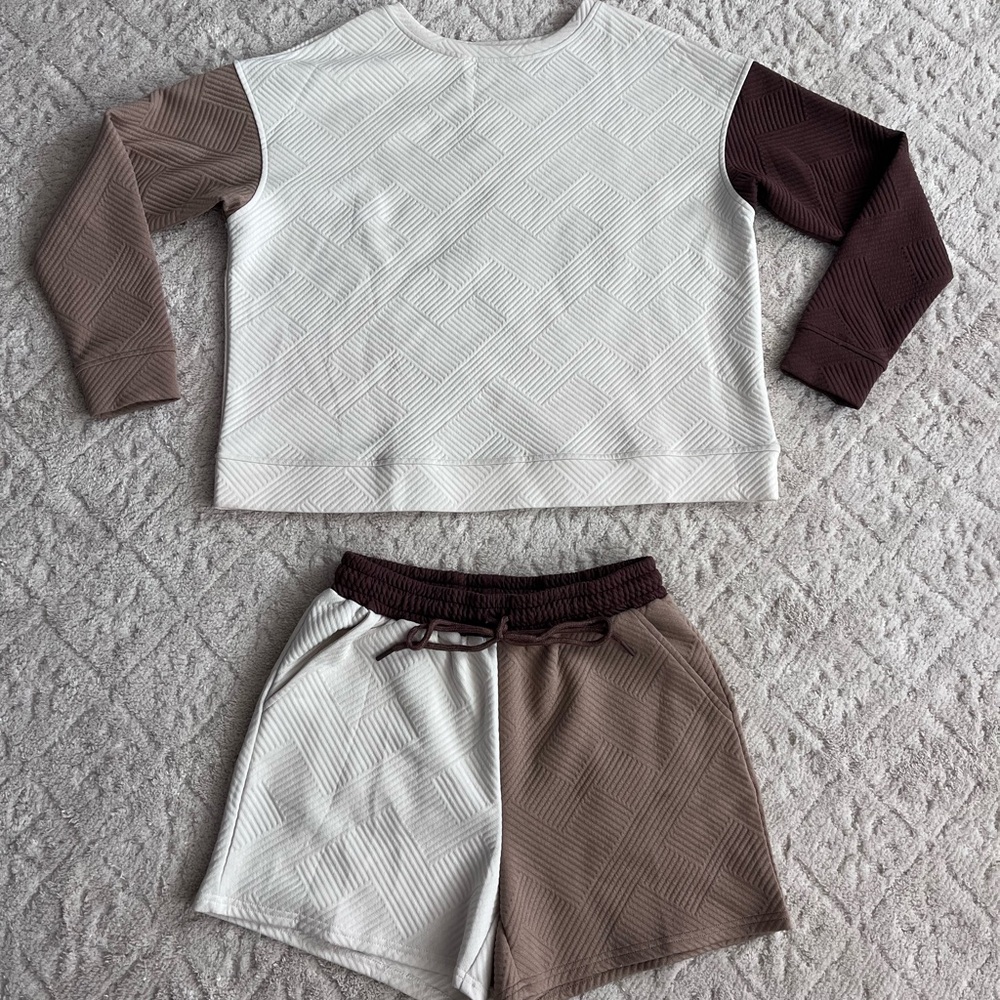 Colorblock Quilted Lounge Set - Cream, Taupe & Chocolate